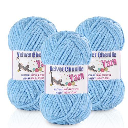 Image of 3 * 100g /3.5oz Fluffy Chenille Yarn for Crocheting, Chunky Velvet Yarn for Crochet Amigurumi, Used for Making Baby Yarns Blanket, Clothes, Pattern Knitting Creations (Bule)