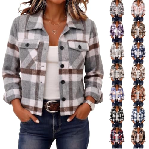 Crop Jackets for Women Plaid Vintage Button Down Collared Fall Coats - image 1