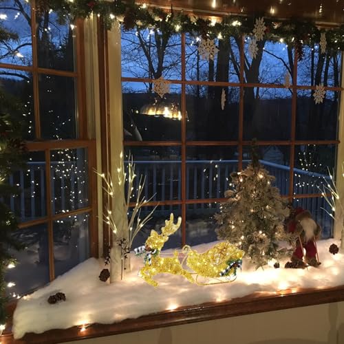 GAOMON Gold Reindeer Christmas Decor, Metal Frame Christmas Reindeer with Sleigh, Tabletop Reindeer Statue Christmas Decor, Lighted Deer Figurine, Battery Operated Glittering Xmas Holiday Party Supply