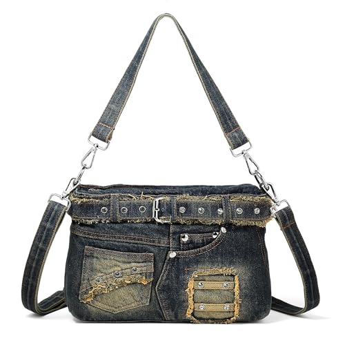 YeFine Y2K Jean Bags Denim Purse with Rhinestones Crossbody Shoulder Bag Bling Grunge Small Jean Purses for Women Aesthetic Handbags (Skirt Shape Blue)
