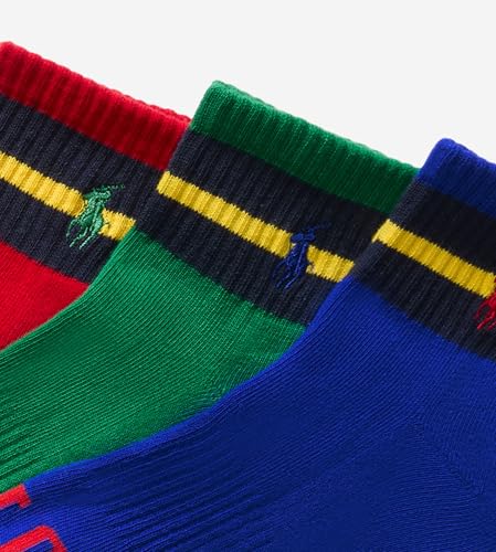 Polo Ralph Lauren Mens Socks Vintage Stripe Quarter Sock - 3 Pack - Red, Green, Blue with Polo Pony2