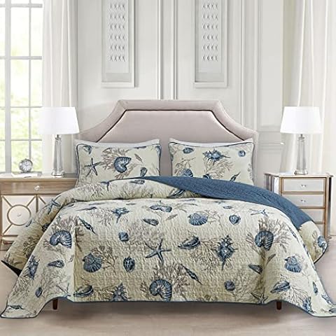 ABREEZE Coastal Beach Theme Quilt Set with Shams Queen Nautical Coverlet Cotton Bedspread Ocean Bedding Set Sea Shell Conch Coral Starfish Comforter Set Beige,Full/Queen，3 Pieces Cover