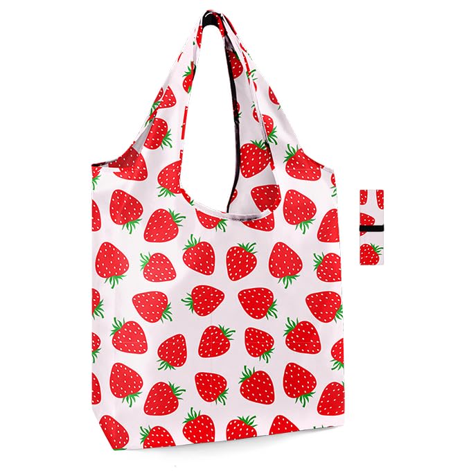 Strawberry Lover Gifts Reusable Grocery Bags Cute Foldable Shopping Totes Bag Gift for Women Lightweight Large Capacity Durable & Stylish Ideal for Daily Use&Machine Washable