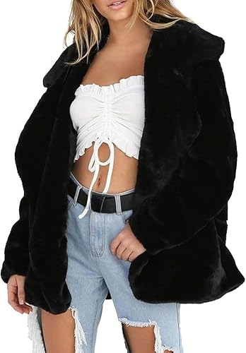 Womens Lapel Faux Fur Jackets Casual Open Front Cardigan Coats Lightweight Warm Long Sleeve Winter Outwear Jacket (Black,Large)