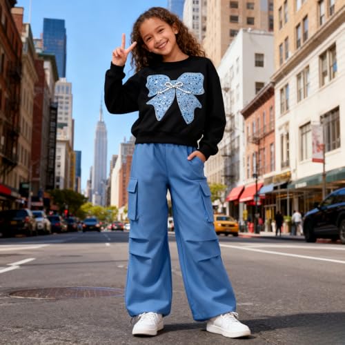 Image of Girls Clothes 2 Piece Cute Butterfly Sweatshirt & Flared Pants /Cargo Pants Winter Outfits for Teen Girls 7-14Y
