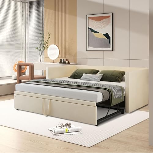 Mutuolux Canapé-lit Convertible en Cuir Synthétique, 213 x 99 cm, Capacité 300 kg, Blanc Crème, Montage 15 Minutes