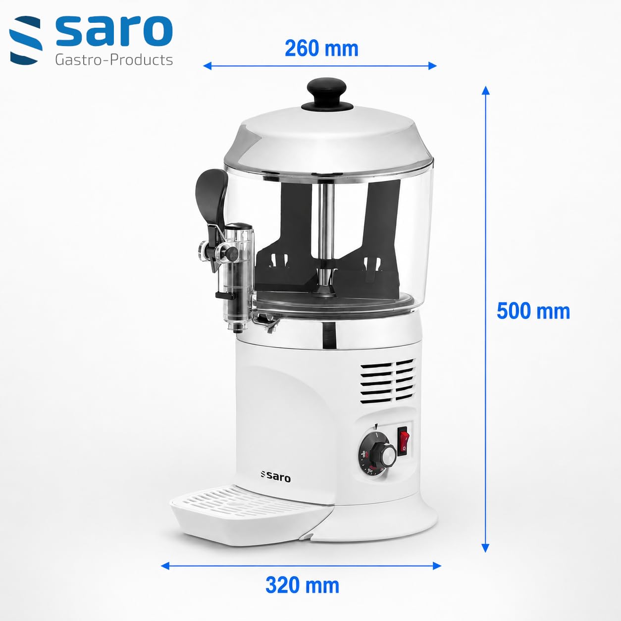 SARO Kakaodispenser – 5 L – Weiß – Rührwerk – Edelstahl-Deckel – Temperatur 30–90 °C – Abnehmbarer Behälter & Zapfhahn – Modell NINA