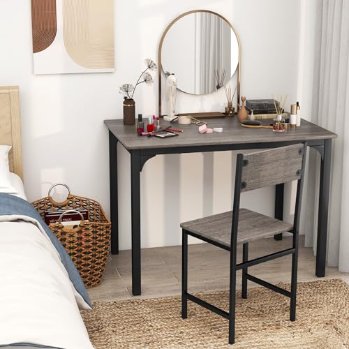 Image of Giantex Dining Table Set for 4, Kitchen Table with Bench and Chairs, Industrial Gathering Bench Dining Set W /Metal Frame & Storage Rack, Dinette Set, Modern Functional Desk Set (Grey)