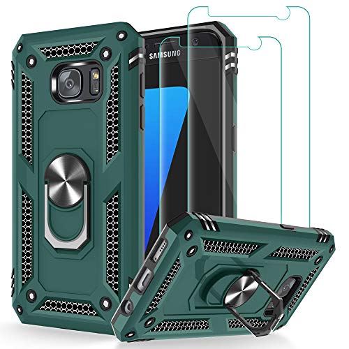 Galaxy S7 Case, Galaxy S7 Phone Case with Tempered Glass Screen Protector [2 Pack], Jshru Military Grade Protective Phone Case with Ring Car Mount Kickstand Cover for Samsung Galaxy S7 Midnight Green
