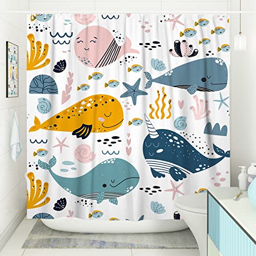 Desihom Colorful Whale Shower Curtain Set Cool Funny Ocean Cartoon Shower Curtains For Bathroom Cute Kids Bathroom Decor Polyester Fabric-72" X 72" #TOP2