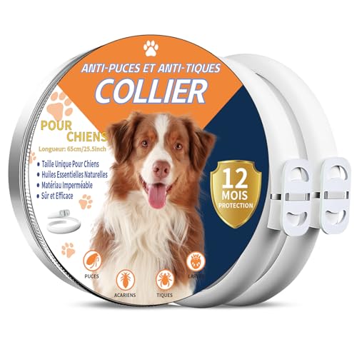 2 Pièces Collier Anti Puces pour Chien, 65cm Réglable et Imperméable, Élimine Puces, Tiques, Poux, Huiles Essentielles 100% Naturelles, Convient à Tous...