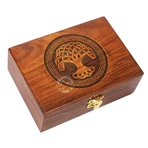 Image of Rosewood Handmade Wooden Urn Tree of Life Engraving Handcarved Jewellery Box for Women-Men Jewel | Home Decor Accents | Decorative Boxes | Storage & Organiser (7 inch x 5.5 inch x 3.5 inch, Tree - 11)