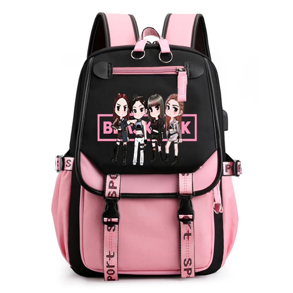 PALAYBlack Pink Bag For Girls School Bag with USB Cable Jack Cute Backpacks Idol Print Design Laptop Backpack and Casual Backpack Student Accessories That can Hold 16.8 inches Books