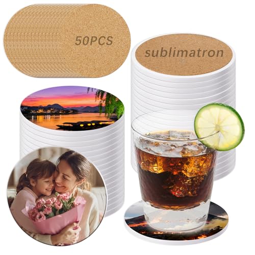 50 Pack Round Sublimation Blank Ceramic Coasters with Cork Backing 4X4inch Matte Finish Blank Ceramic Tiles Crafts Coasters Pads for Sublimation Transfer Heat Press Printing DIY Crafts