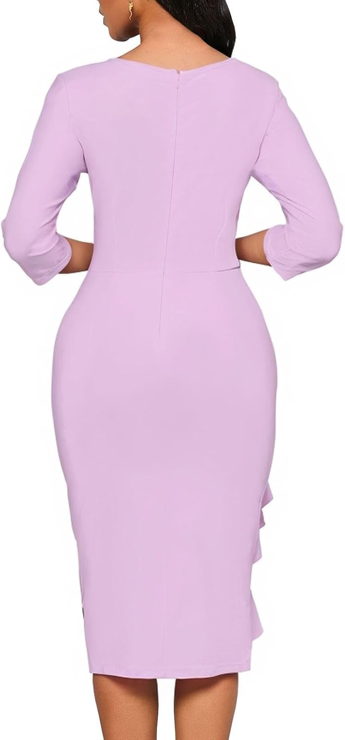 Church Dresses for Women 3/4 Sleeve Ruffle Vintage Bodycon Cocktail Work Midi Pencil Dress - Image 6