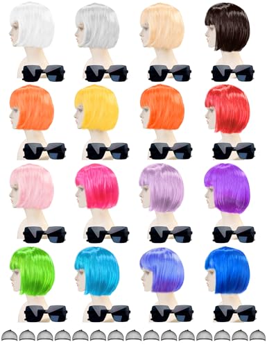 MIUSKATL 16 Pack Colored Bob Wigs with Bangs Colorful Wigs with Sunglasses Bulk Neon Party Fun Hair Wig for Women Costume Cosplay (Multicolor)