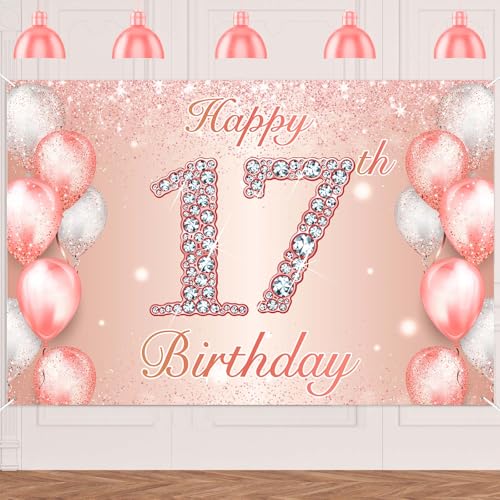 Image of Happy 17th Birthday Rose Gold Banner Cheers to 17 Years Old Backdrop Confetti Balloons Theme Decor for Girls 17 Years Old Pink Birthday Party Decorations Bday Supplies Background Favors Gift Glitter