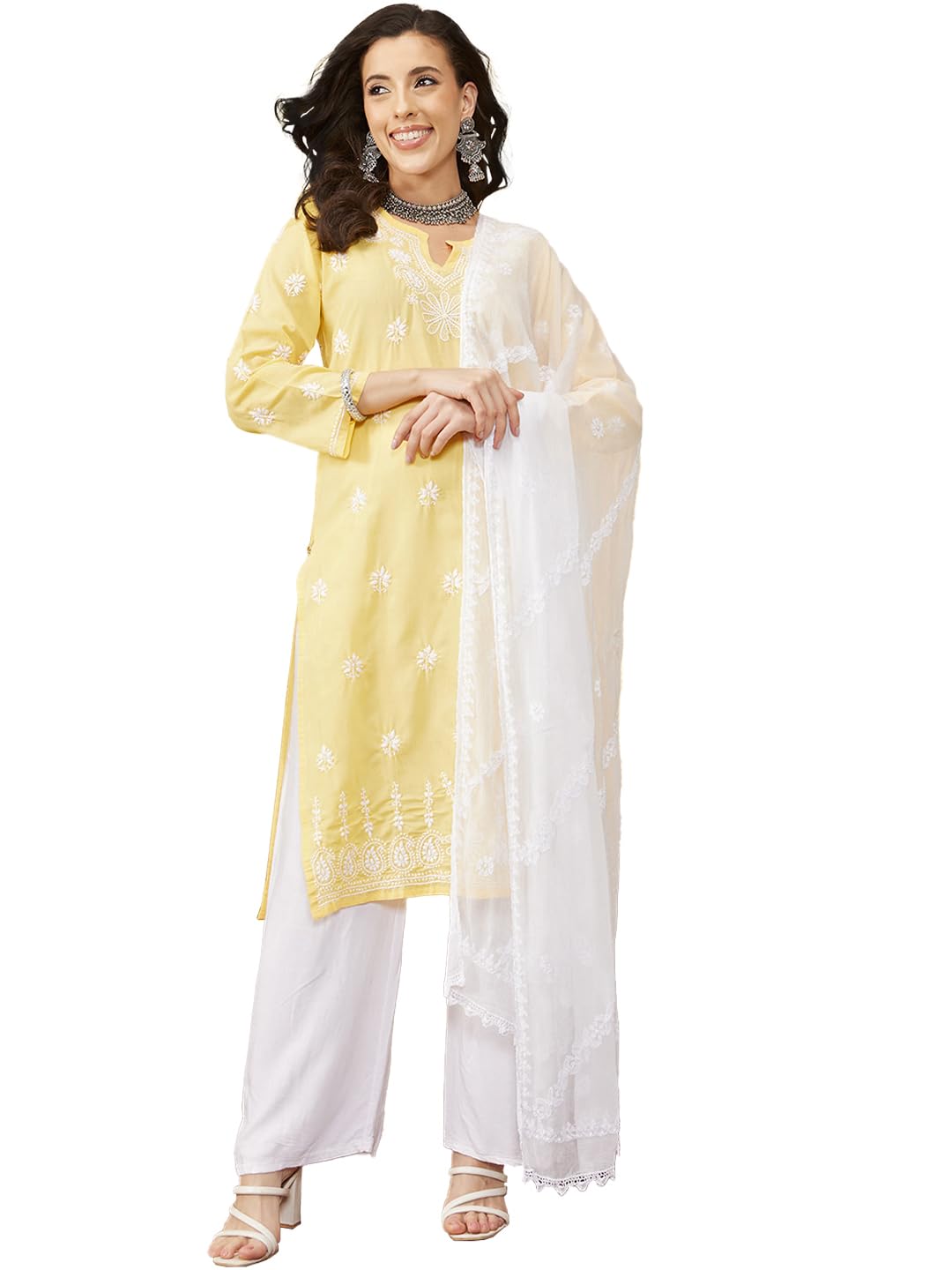 Hand Embroidered Lucknowi Chikankari Chiffon Dupatta Stole for Women A511216 White-image-22