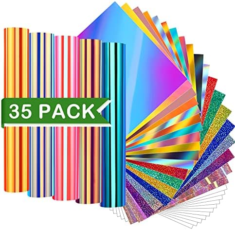 WRAPXPERT Holographic Permanent Vinyl Adhesive 35 Sheets Vinyl Bundle-24 Vinyl Sheets 12"x12" & 6 Grid Transfer Paper & 5 Vinyl Layer Ppaer Compatible with All Crafters
