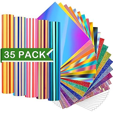 WRAPXPERT Holographic Permanent Vinyl Adhesive 35 Sheets Vinyl Bundle-24 Vinyl Sheets 12"x12" & 6 Grid Transfer Paper & 5 Vinyl Layer Ppaer Compatible with All Crafters Cover
