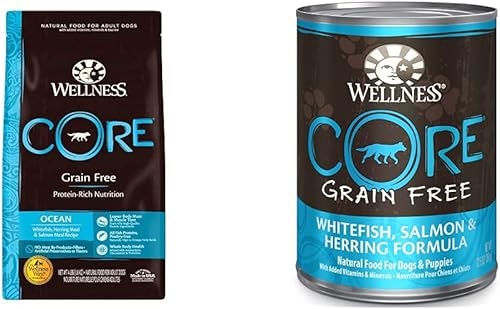 Wellness CORE - Alimento seco para perros sin granos, pescado blanco, harina de arenque y salmón, bolsa de 4 libras, paté de comida húmeda para