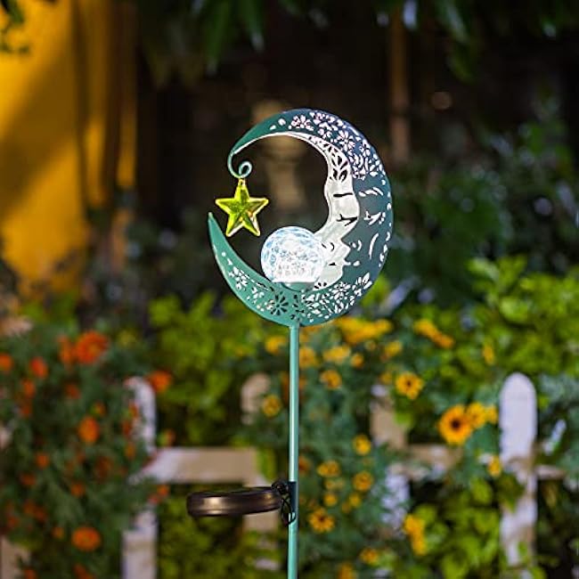 Outdoor Solar Lights Garden Decor for Patio,Lawn or Pathway Moon Decorations Crackle Glass Globe Stake Metal Lights Waterproof Warm LED Garden Gifts (Blue)