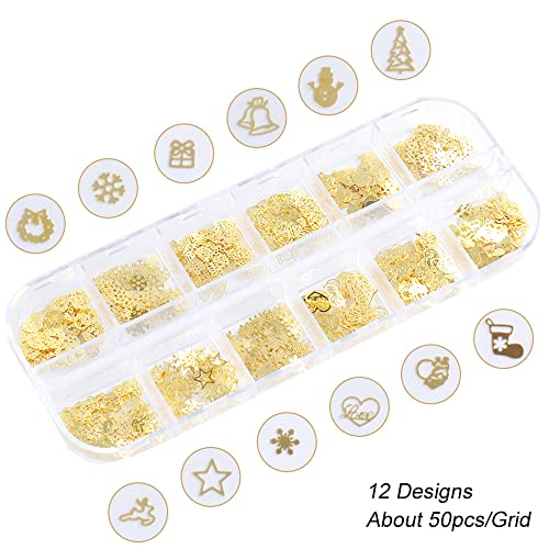 Christmas Nail Art Glitter, 12 Grids Gold Snowflake Nail Charms Snowflakes Snowmen Elk Bell Gift Xmas Tree Christmas Nail Design Winter Confetti Glitter Sequins Manicure Diy Nail Decoration #TOP3