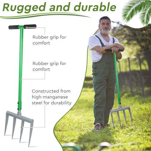 CPROSP Grabegabel für Harte, Steinige Böden 31×107,5 cm, Spatengabel Mit 4 Zinken aus Hochmanganstahl, Grabgabel Zinkenlänge 25cm, Broadfork mit 1 Paar Handschuhe