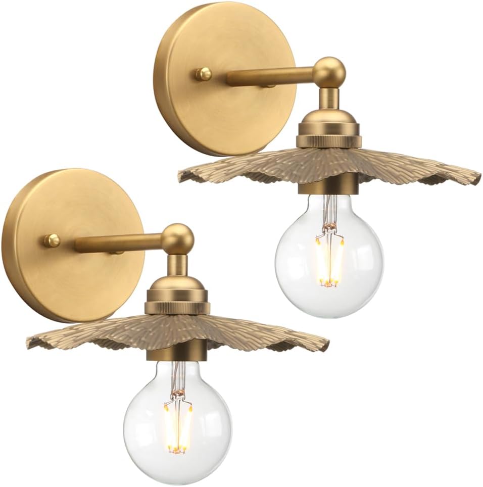 Phansthy Hardwired Wall Lighting, Barn Wall Sconces Antique Brass Indoor Wall Lights with Hammered Metal Lotus Leaf Texture Shade, Vanity Wall Lamp for Bathroom Bedroom Kitchen (One-Light 2 Pack)
