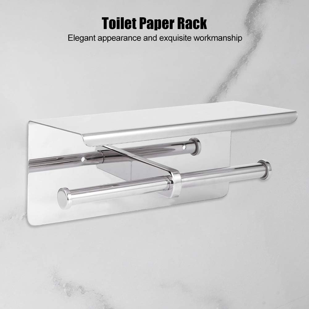 Double Toilet Paper Holder Stainless Steel, Wall - Mounted Roll Storage Shelf with Phone Tray, Modern Bathroom Accessory for Home and Commercial Use