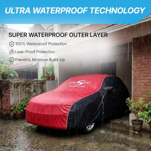 Image of KINGSWAY Super Waterproof Car Cover Only with Hyundai Grand I10 (Year 2013 to 2017 - All Model) | Mirror and Antenna Pockets | All Weather Car Body Cover with Silver Piping | Black Red