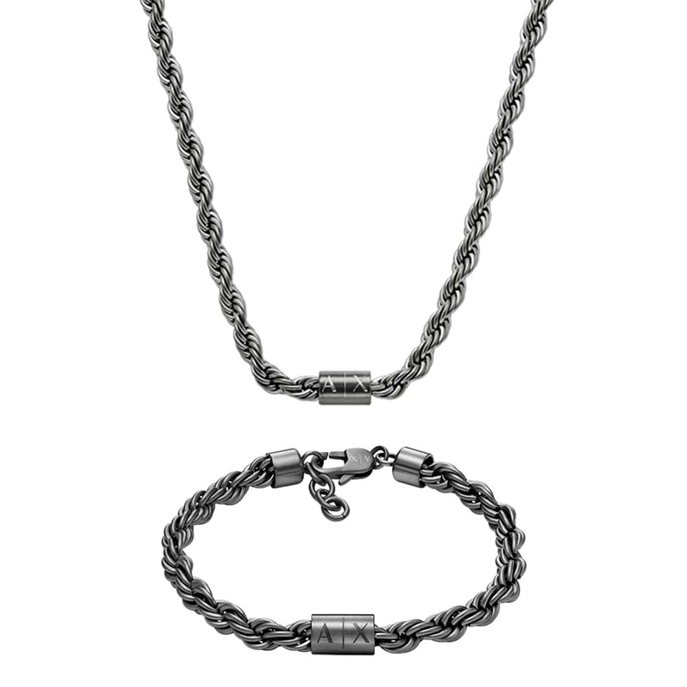 Armani Exchange Herren Grey Edelstahl Halskette und Armband, Set