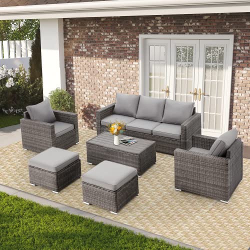 Gyutei Outdoor Patio Funiture Set 6 Piece Weaving Wicker Rattan Sofa Modern High Back Seating With Outdoor Sectional Sofa 2 Ottomans,All Weather Cushions And Wooden Coffee Table(Grey) #TOP6