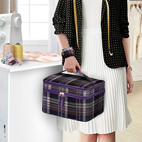 Finpac Sewing Accessories Storage And Organizer Case, Double-Layer Sewing Kits Carrying Bag With Wrist Pin Cushion For Threads, Needles, Embroidery Floss Supplies, Felting Kits (Purple Tartan) #TOP6