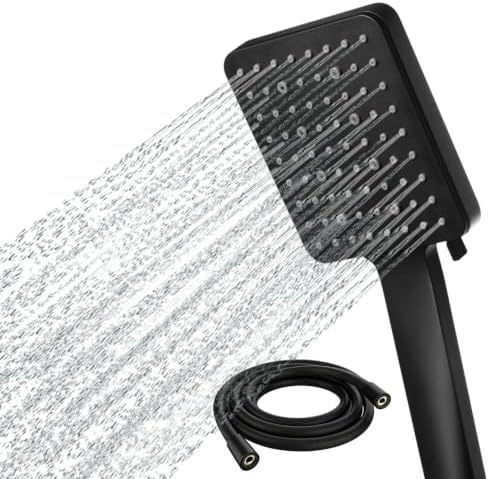 Hochdruck Duschkopf mit Schlauch, AntiKalk Duschkopf Wassersparend | Regendusche Duschkopf Groß, 6 Strahlarten Duschbrause, Handbrause Dusche für Hartes Wasser, Schwarz