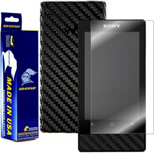 MilitaryShield Black Carbon Fiber Skin Wrap Film + HD Clear Screen Protector for Sony F Series Walkman Mp3 NWZ-F805/NW-F806 - Anti-Bubble Film