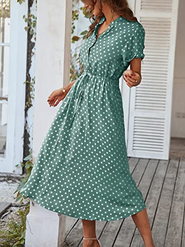 Milumia Women'S Drawstring Waist Button Front Short Sleeve Casual A Line Midi Dress Green Medium thumb #5