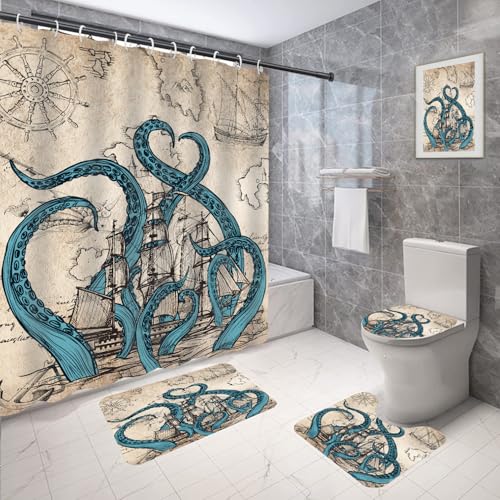 Coxila Vintage Octopus Shower Curtain Set Nautical Funny Fun Ocean