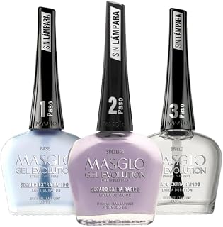 MASGLO GEL EVOLUTION Nail Polish Gel Effect, No UV/Led Lamp, Duration Up to 12 days, 3 PCs -Base, Esmalte Color, Brillo - Efecto Gel sin necesidad de UV/Led, 0,5 Fl. Oz. (Soltera)