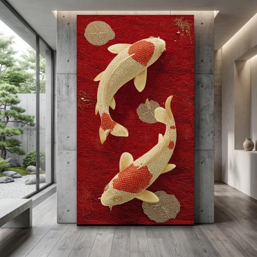 Peinture carpes koï rouge pour salon zen décoration murale asiatique en toile