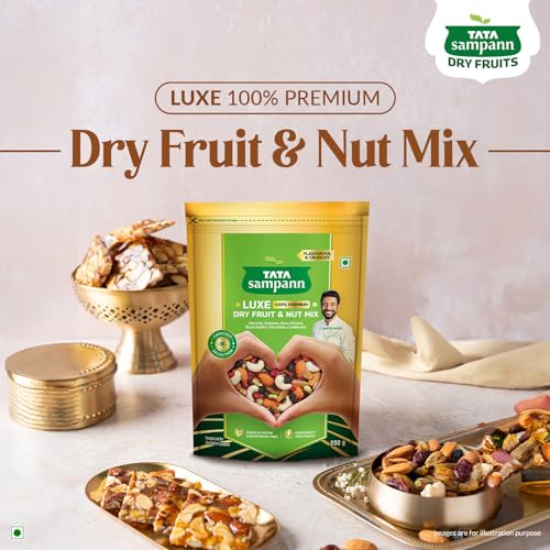 Image of Tata Sampann Luxe Dry Fruit & Nut Mix, 200g, Source of Protein, Magnesium & Phosphorus, Rich in Dietary Fiber, Flavourful & Crunchy Snack, Almonds, Cashews, Green Raisins, Black Raisins, Pistachios, & Cranberries