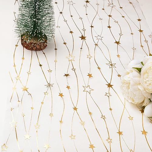 GEBETTER Camino de Mesa Navidad 30 cm x 9 m Estrellas Doradas Plateadas Organza Decoración Mesa Adorno Árbol Navideño Silla Puerta Manualidad Regalo Fiesta (Estrellas Oro Plata)