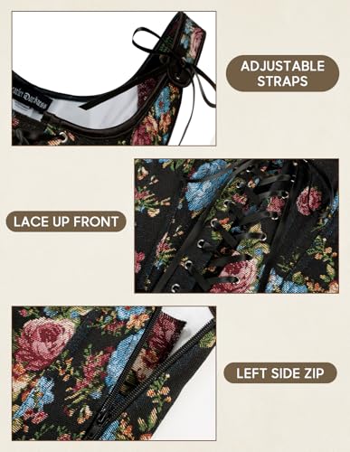 Image of Scarlet Darkness Corset Tops for Women Floral Renaissance Bustier Bodice | Ideal for Halloween, Ren Faire, Theme Party; Overbust, Adjustable Straps, Lace Up, Irregular Hem, Zip Closure, Hand Wash