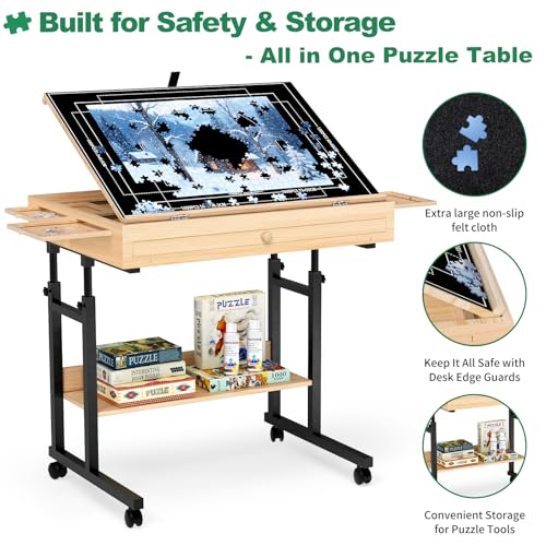 Image of Wooden Puzzle Table with Drawers, 1500 Piece Puzzles for Adults & Puzzle Enthusiasts with Adjustable Height & Tilt, Felt Surface, Metal Stand with Lockable Wheels, Puzzle Storage Box and Cover