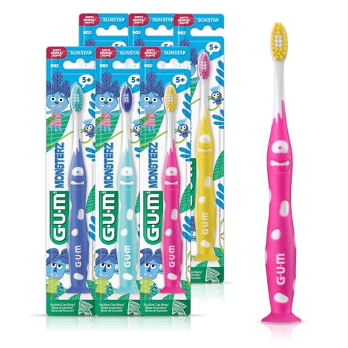GUM Monsterz Jr Kids’ Toothbrush, Soft Bristled Children’s Toothbrush with Suction Cup, for Ages 5+, 1 Count(Pack of 6)
