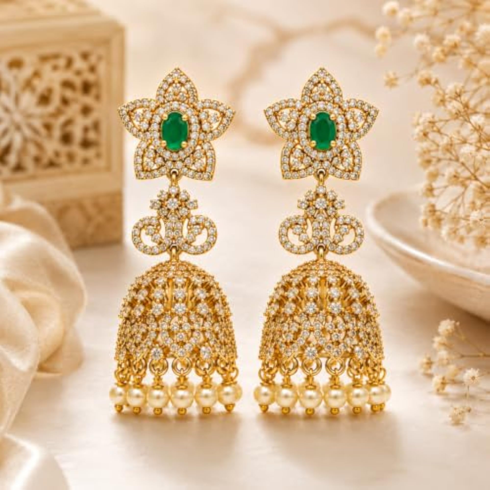 Women's Gold Plated Green Stone Pearl Jhumki Earrings