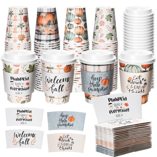 Lallisa 100 Pack 12 oz Thanksgiving Paper Coffee Cups with Lids and Sleeves Fall Disposable Coffee Cups Bulk for Autumn Thanksgiving Hot Cold Beverage Drinking Party Supplies(Pumpkin Style)