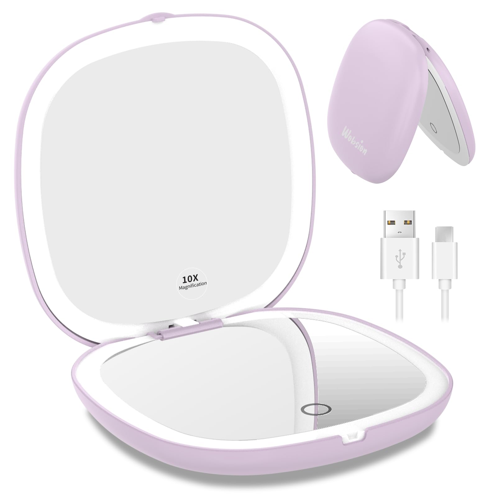 WOBSION LED Taschenspiegel mit 1X/10×Vergrößerung und Beleuchtung,USB Wiederaufladbarer Tragbarer Kleiner Reisespiegel mit Licht,750mAh Dimmbarer Doppelseitiger Handspiegel für Makeup,Lila