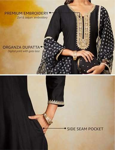 Image of Amazon Brand - Myx Women's Embroidered Anarkali Kurta Pant Set with Organza Dupatta | A-line fit (Available in Plus Sizes)