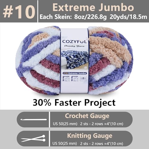 Image of Cozyful Chunky Yarn for Hand Knitting - #10 Chunky Chenille Blanket Yarn, Jumbo Big Thick Chunky Yarns for Crocheting, Tie Dye Bulky Knit Yarns, 8 Skein (20 yds 8 oz Each Skein), Multi Blue&Red&Khaki